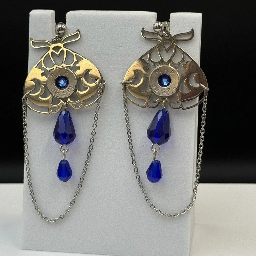 Vintage Womens silver Tone Chain‎ Blue Beaded Fashion Dangle/Drop Earrings